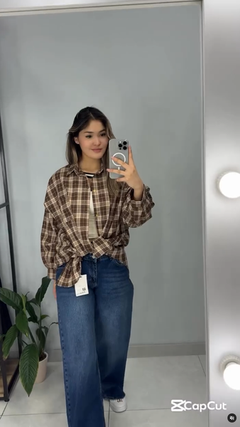 Винтажная рубашка в клетку с длинным рукавом😍