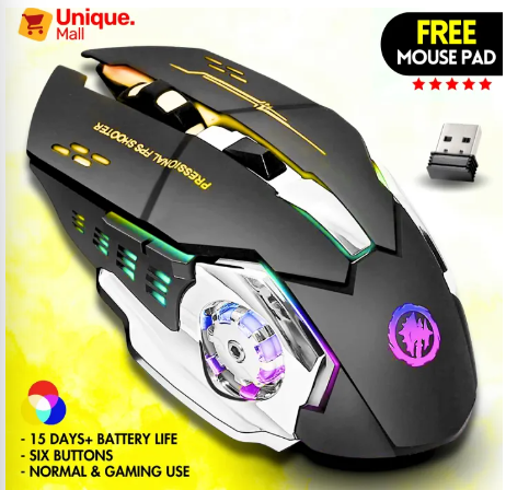 Premium Wireless Gaming Mouse RGB with 6 Buttons + Free Mouse Pad & 3-Levels DPI Control - Breathing LED Light 2.4G Optical Wireless Mouse with Side Buttons for PC Gaming, Laptop, Pubg, Mobile - By Unique Mall