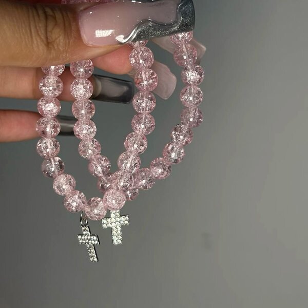 Bracelet Perles Roses Croix