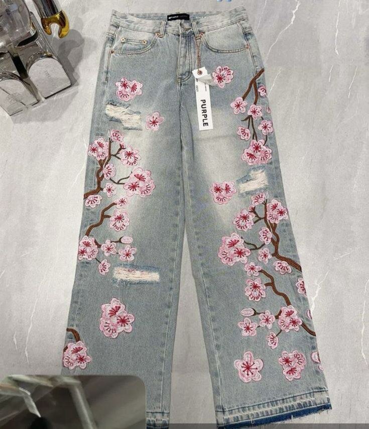 Jeans brodés fleuris pour hommes