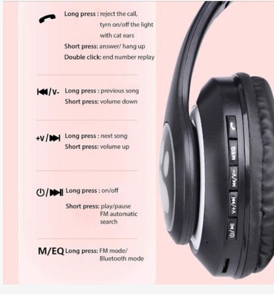 Cute Cat Ear Wireless Headphones with Led Light - Black