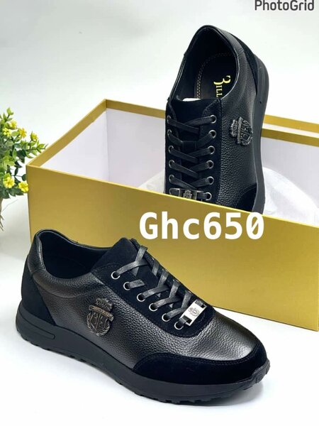 black leather sneakers