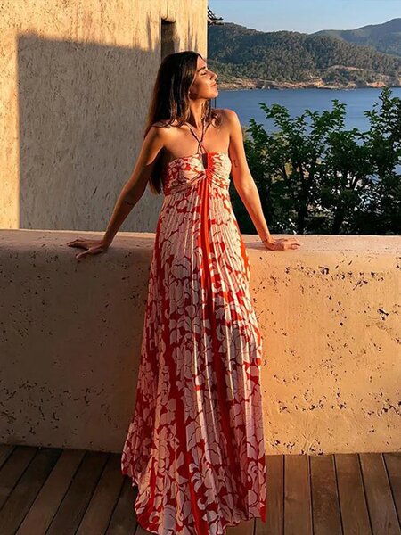 Print pleat halter bandage maxi dress