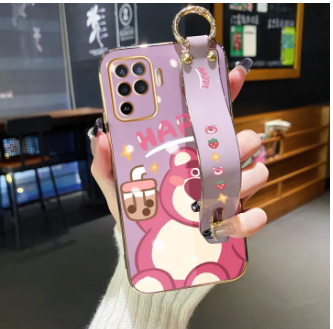 YIWESAN For OPPO F19 Pro Case Whit Wristband New Design Side Square Edge Phone Case Fashion Popular Bear Pattern Plating Silicone Casing Full Cover Camera Shockproof SoftCase Protection Cases