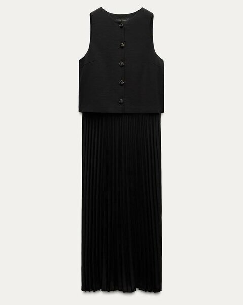 Zara Pleated Contrast Waistcoat Dress in Black