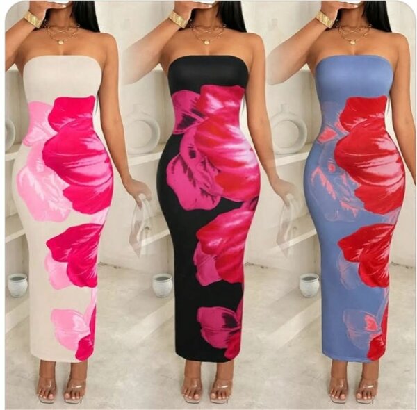 Robe satinée fleurie sans bretelles