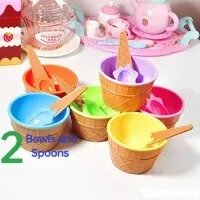 2 Pcs Fashioned Ice Cream Waffle Cone Style Bowl with Spoon Set Baby Kid Cute Feeding Tableware Plastic Utensil Party Favors Dessert