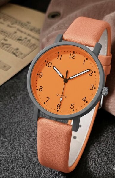Montre quartz orange cuir