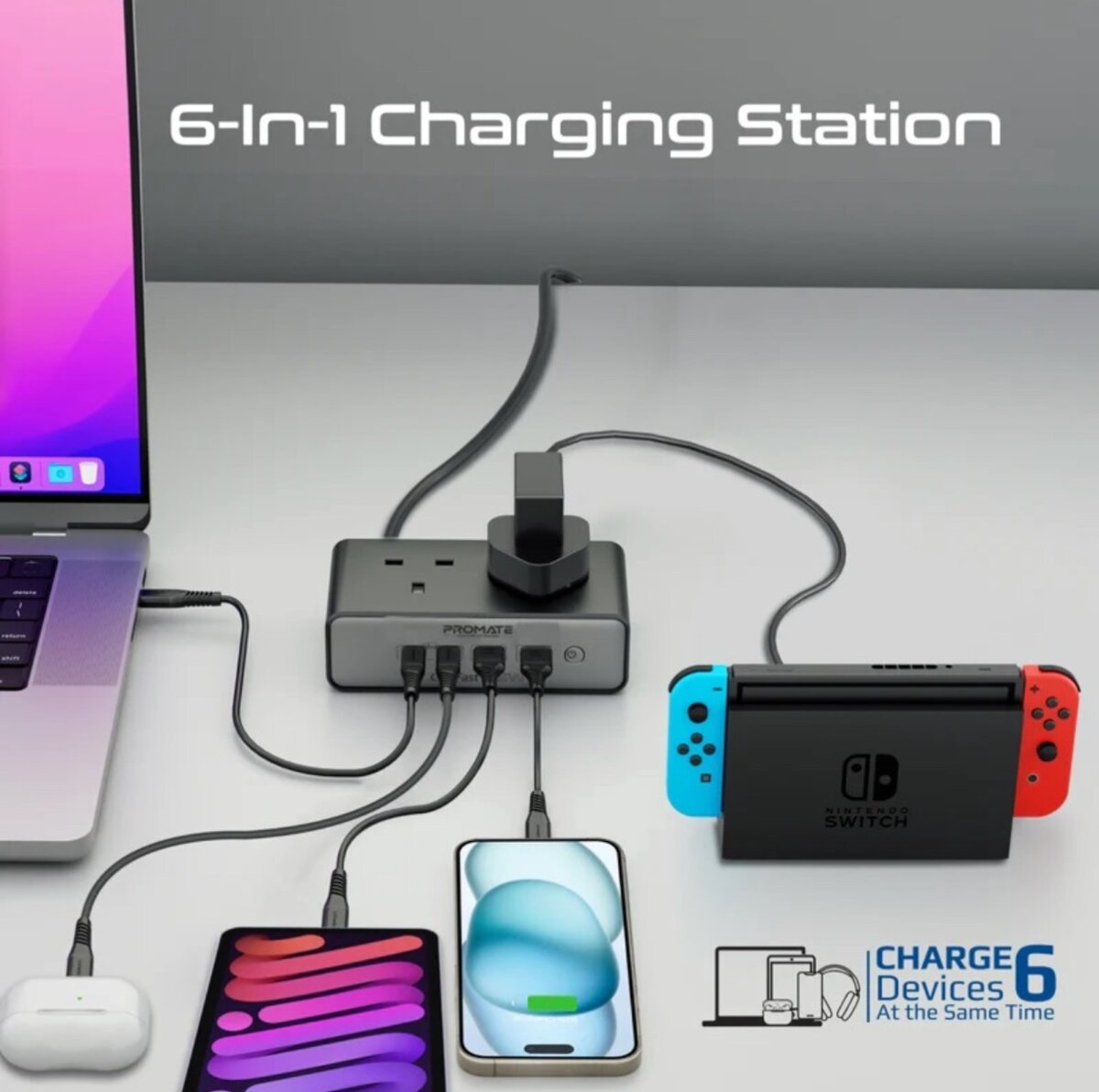 Promate 3250W Compact Power Strip with 2 x AC Socket, 65W