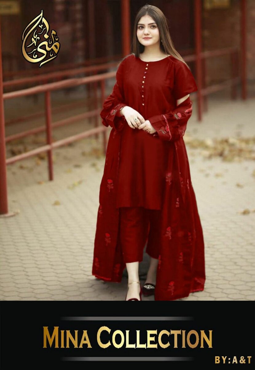 Silk gown 3 pc , embroidery with lace work dc free