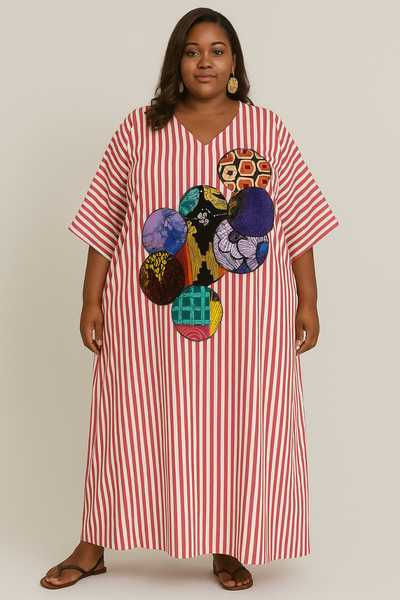 Robe rayée a motif pagne brodé