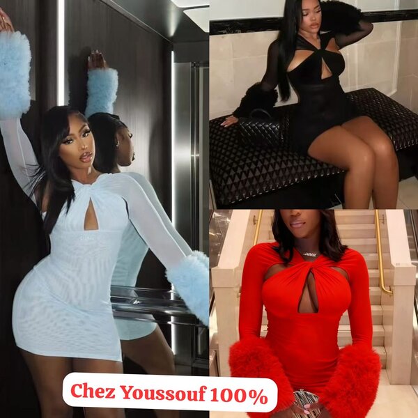 Robe courte à manches longues en fourrure