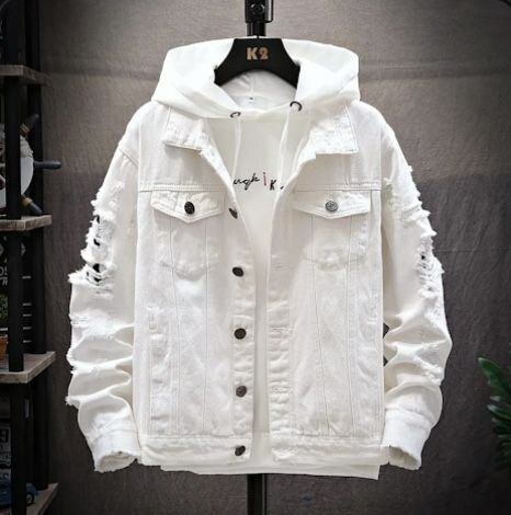 Veste en jean blanche déchirée à capuche