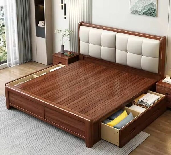 Lit double en bois avec rangements