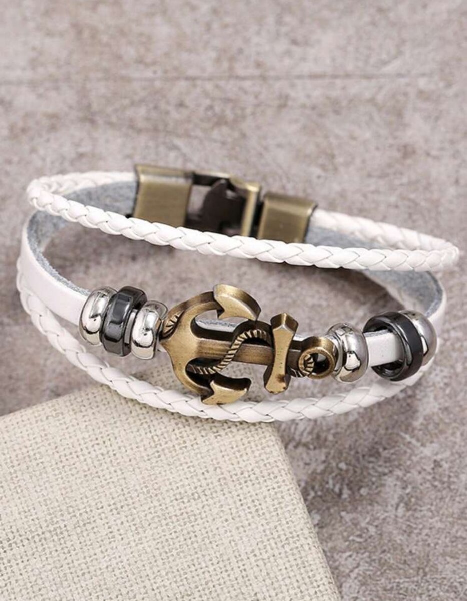 Bracelet Ancre en Cuir Blanc