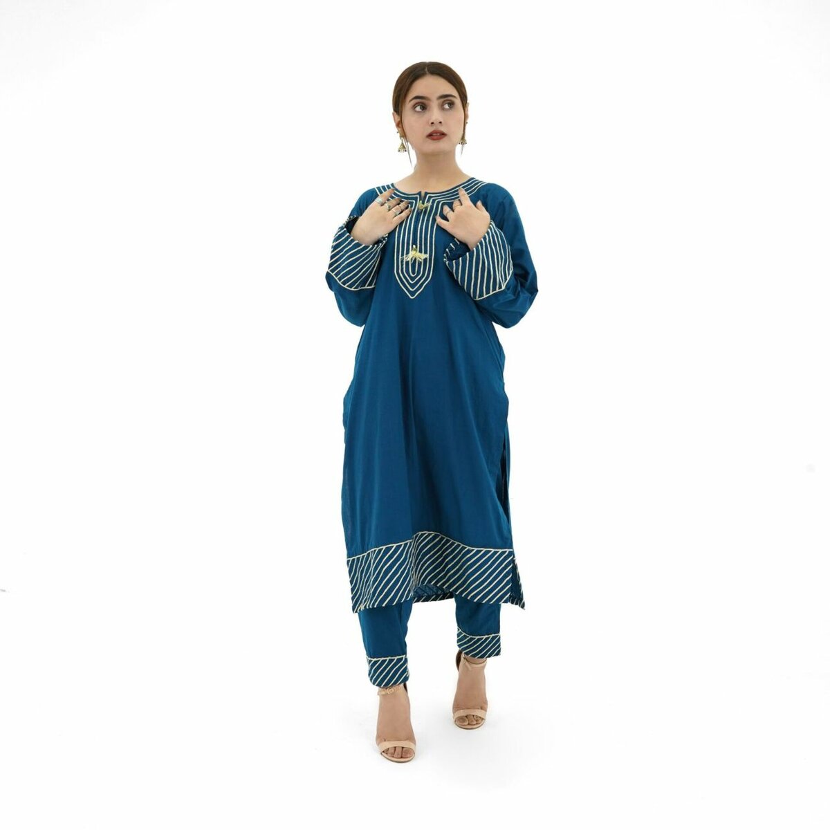Zinc Blue Lawn Kurti with Golden Cord Embroidery