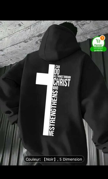 Sweat à capuche noir motif chrétien