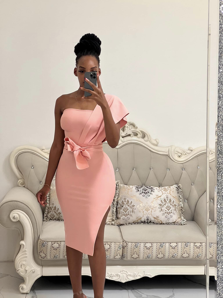 pink below knee one shoulder bodycon dress