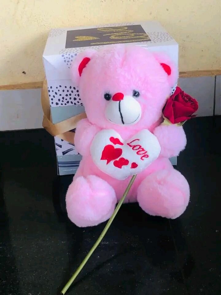 Ours en peluche rose avec roses rouges