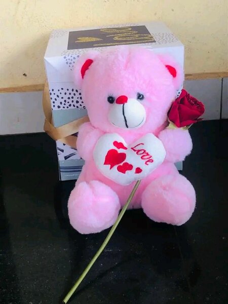 Ours en peluche rose avec roses rouges