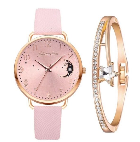Ladies Moon Pattern Dial PU Strap Quartz Watch, Color: Pink