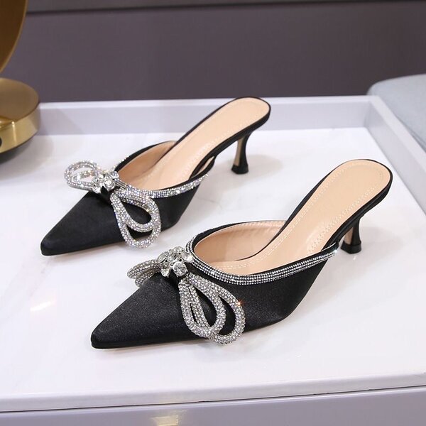 Rhinestone bow toe satin tip sandals