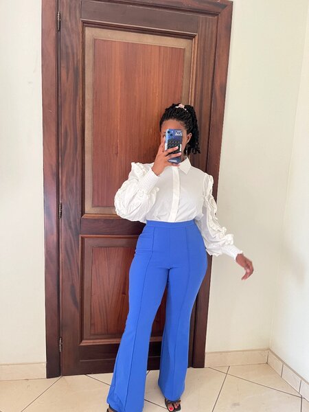 High waist flared trouser and ruffled shirt