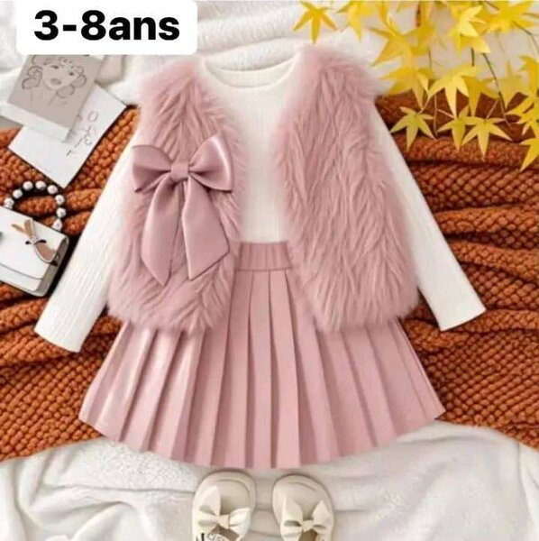 Ensemble fille 3-8 ans: jupe plissée et gilet rose