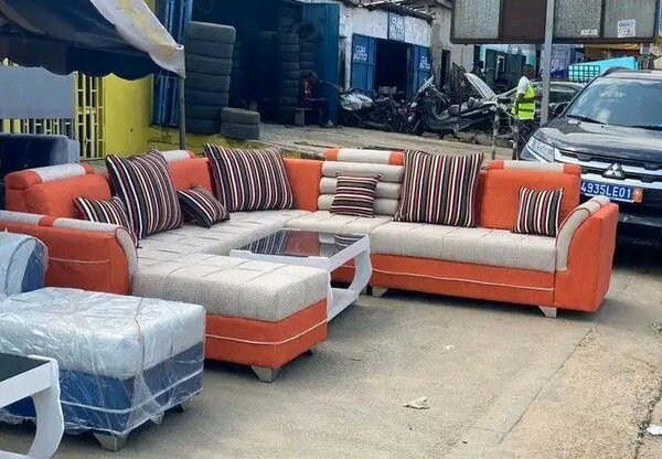 Canapé d'angle en cuir orange et gris