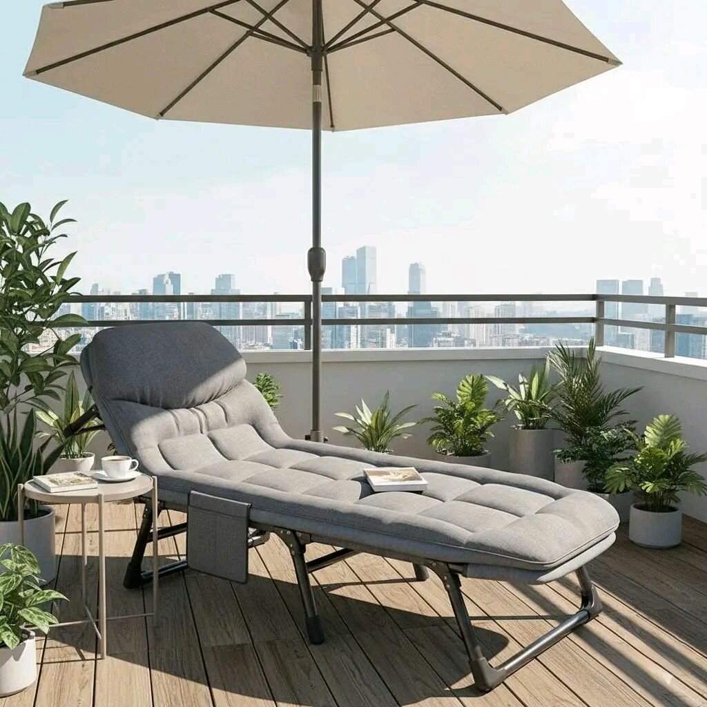 Chaise Longue Pliable en Tissu Gris