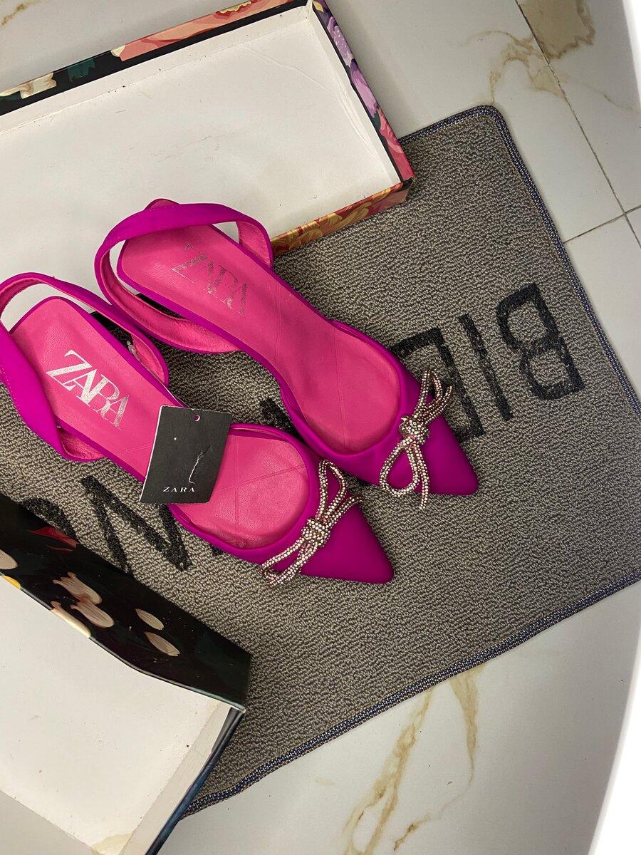 Zara Pink Slingback Heels with Rhinestone Bow