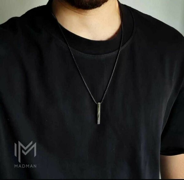 3D bar pendant, stainless steel necklace