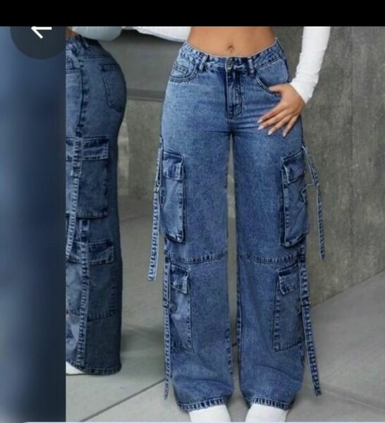 Jeans cargo femme ample bleu