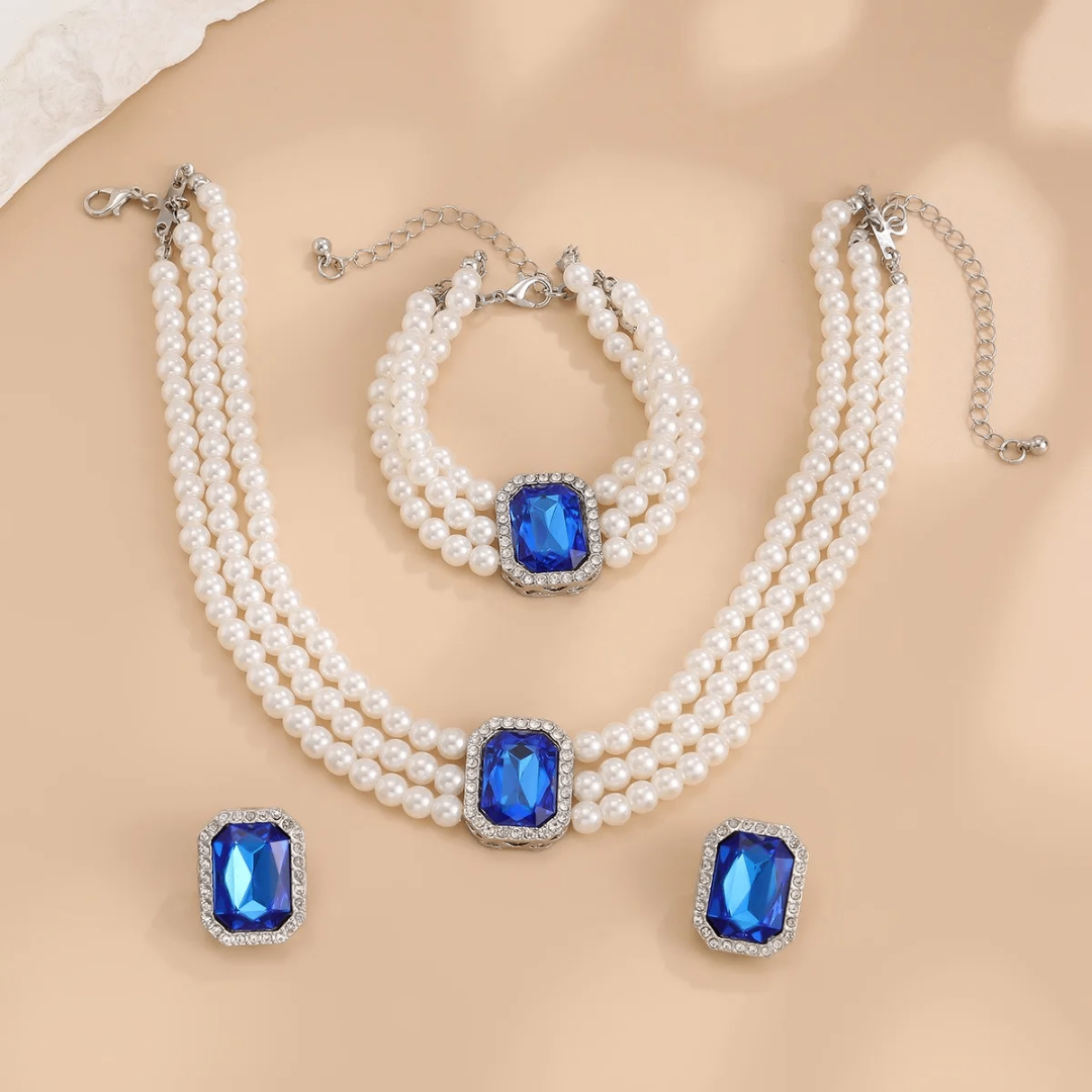Set bijoux perles et cristal bleu