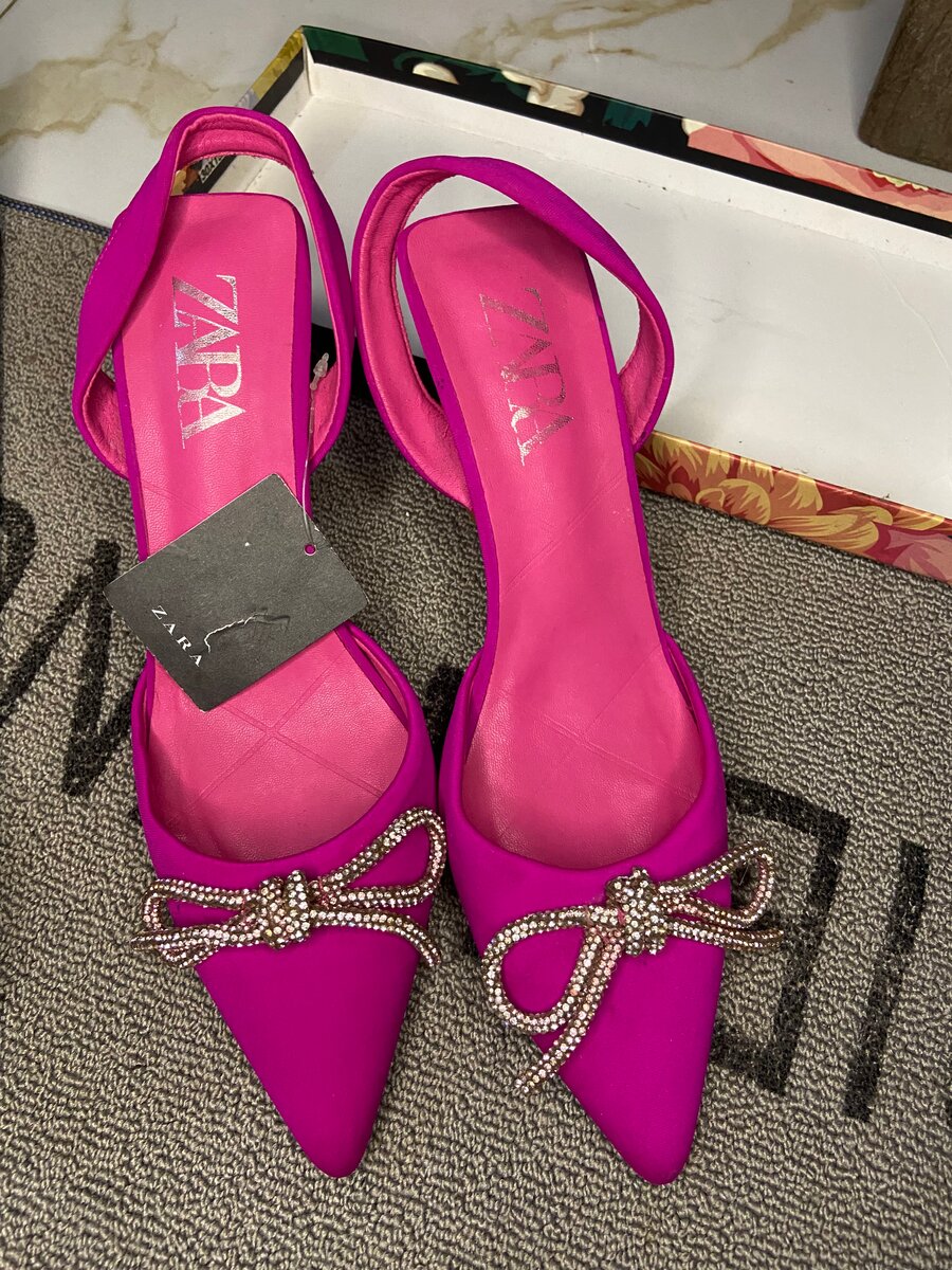 Zara Pink Slingback Heels with Rhinestone Bow