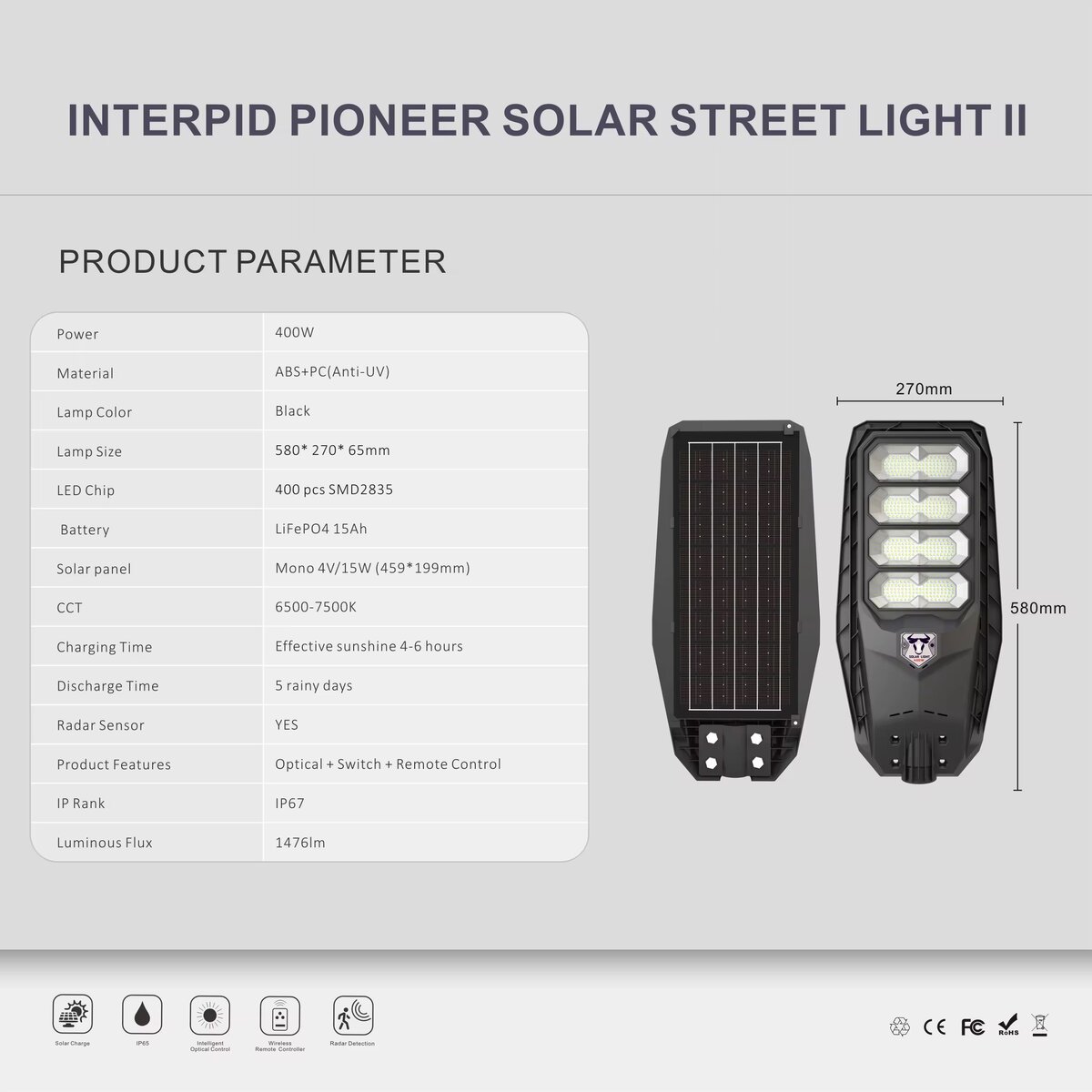 Lumière solaire de rue 400W
