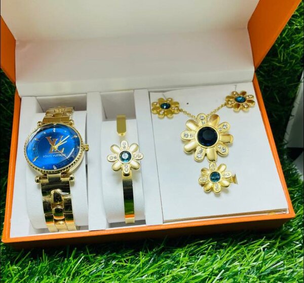 chic ensemble Or Plaqué fleur bleue et horloge