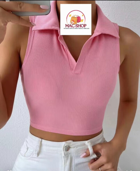 Débardeur rose col polo
