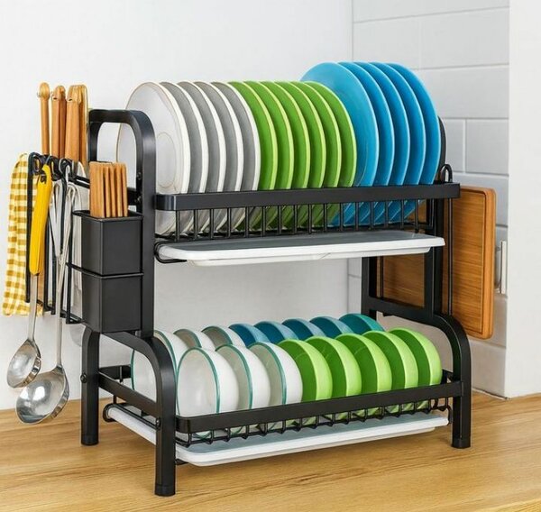 Égouttoir à vaisselle 2 niveaux avec couverts