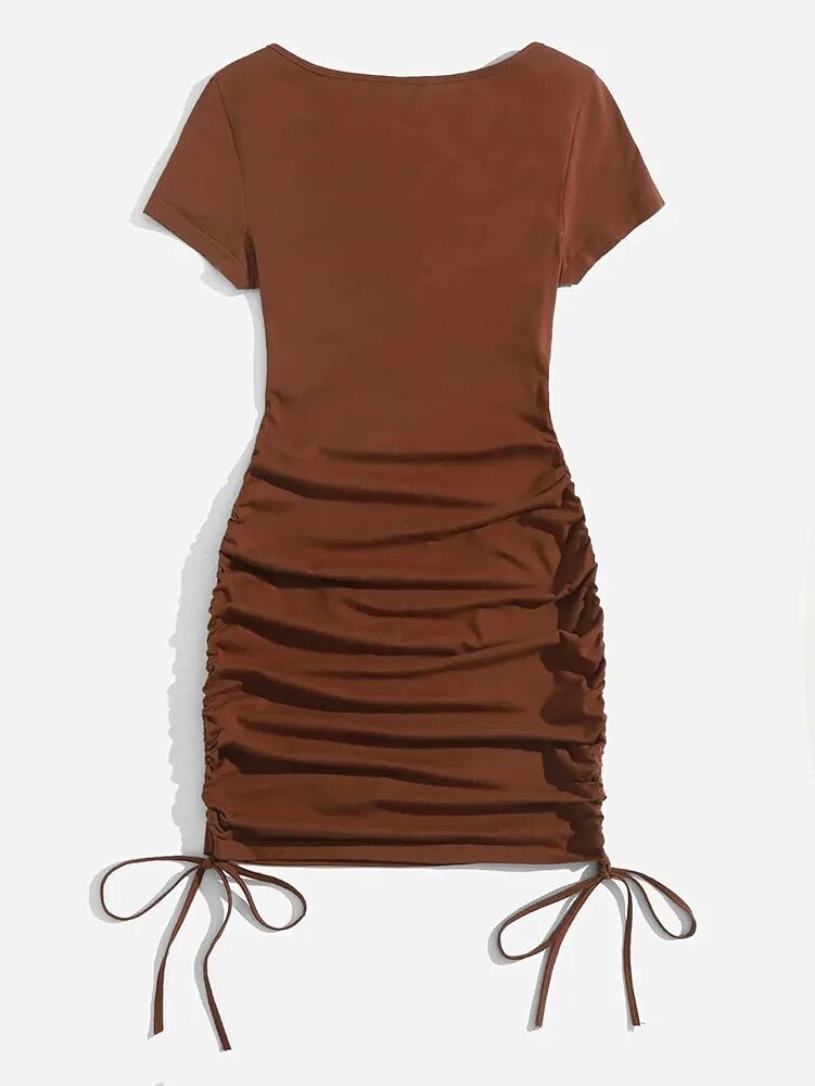Drawstring Knot Ruched Cut Out Dress(Long and Short Sleeve )