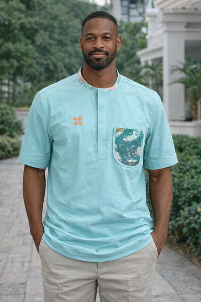 Chemise homme col Mao bleu tur