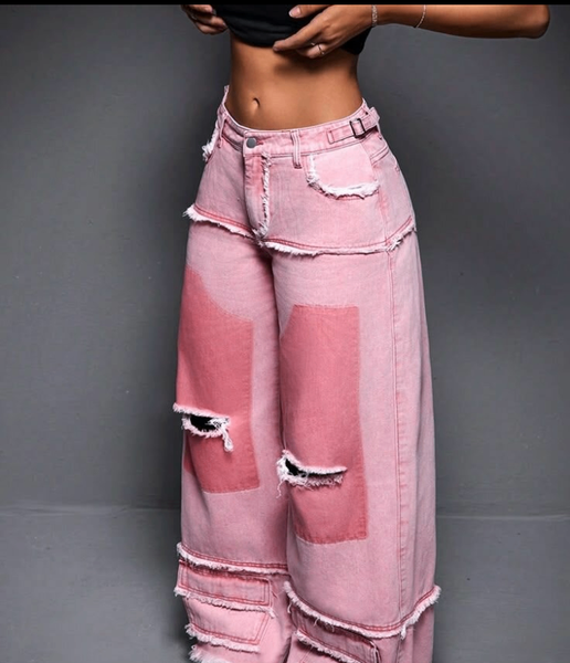 Jeans larges roses déchirés pour femme