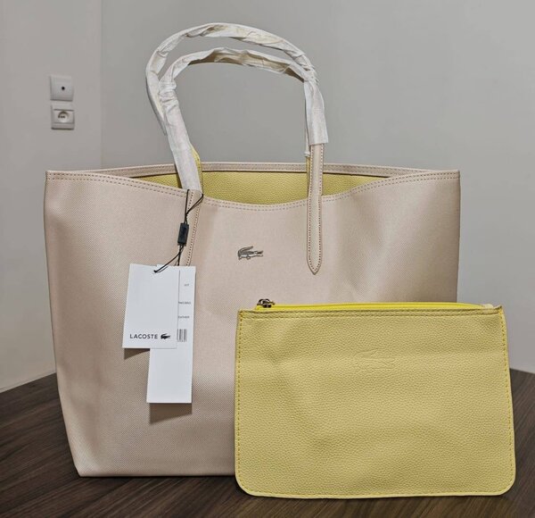 Sac cabas Lacoste en cuir beige avec pochette jaune