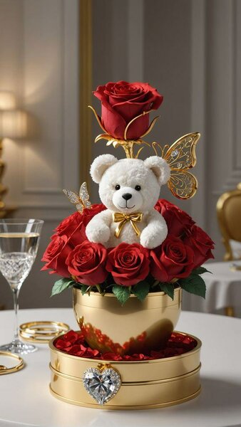 Ours en peluche avec roses rouges dans un coffret cadeau