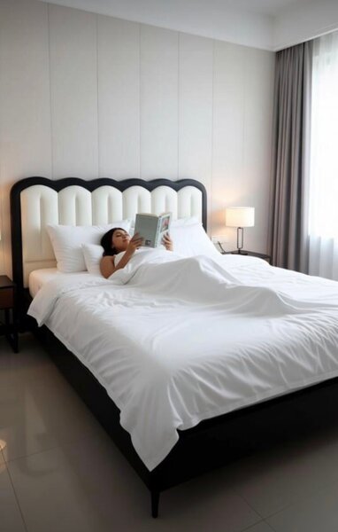 Lit double avec tête de lit capitonnée