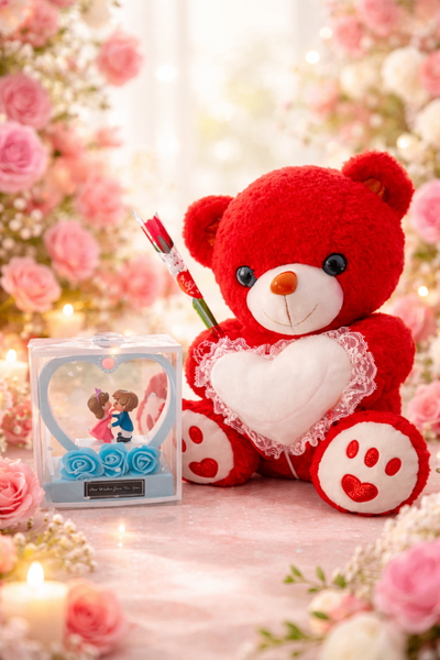 Ours en peluche rouge avec cœur blanc et rose