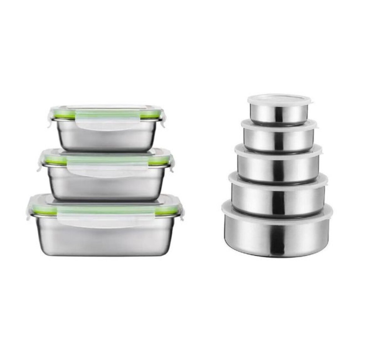 3Pcs Food Storage Containers - Silver/Green + 5Pcs Storage