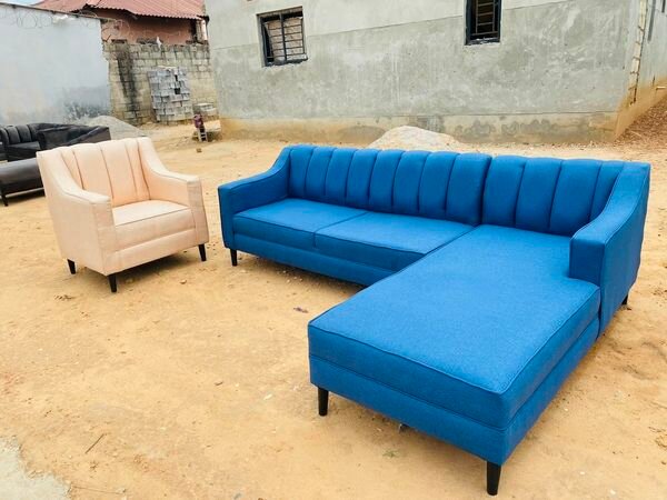 A set of furniture, an armchair and a blue sofa