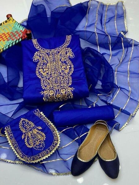 5 Pcs women's unstitched katan silk Embroidered mirror suit