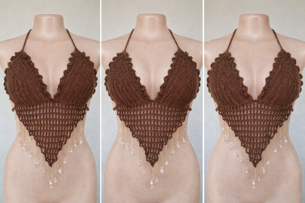 Haut de bikini marron en crochet
